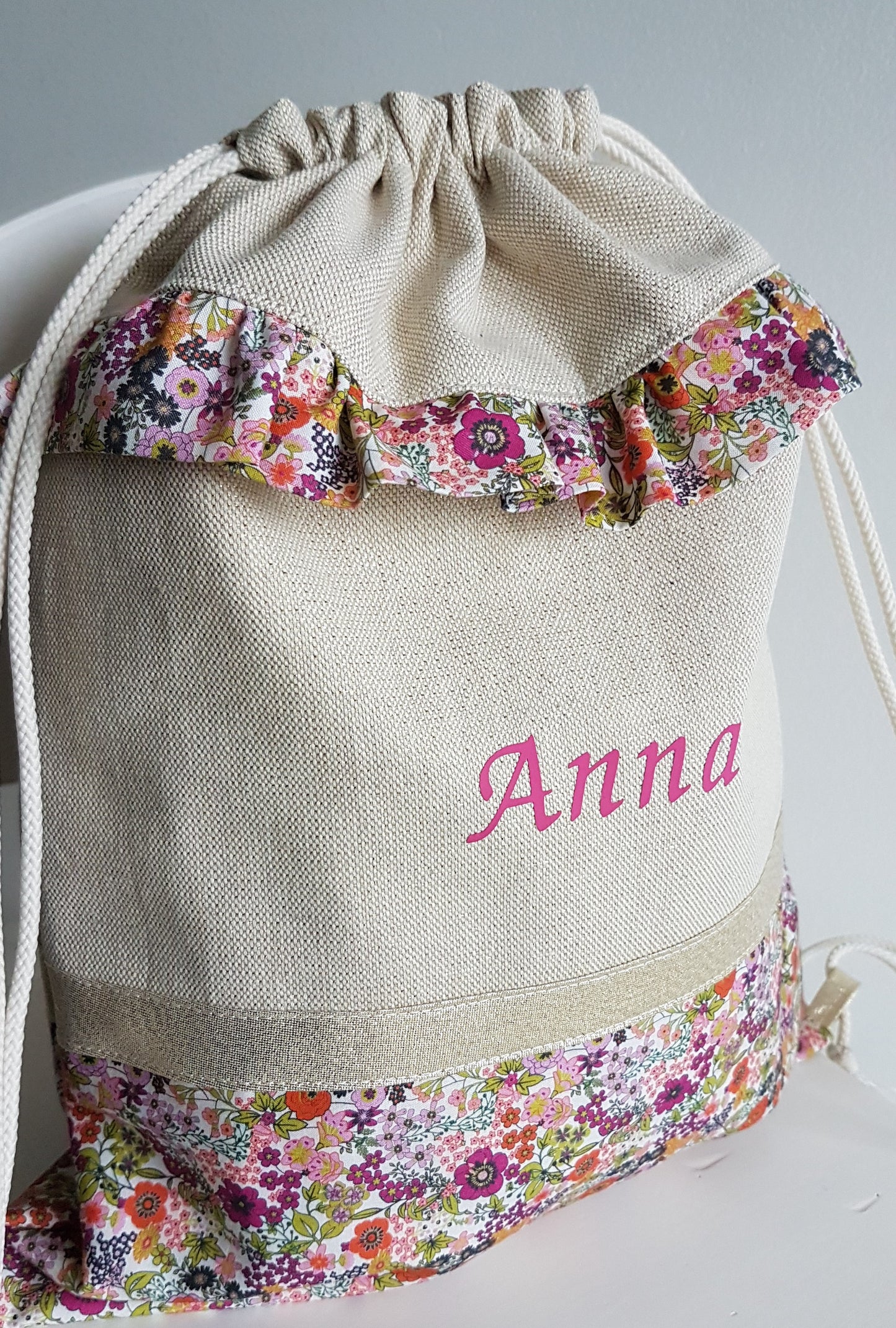 Sac à dos enfant beige scintillant et liberty orange.
