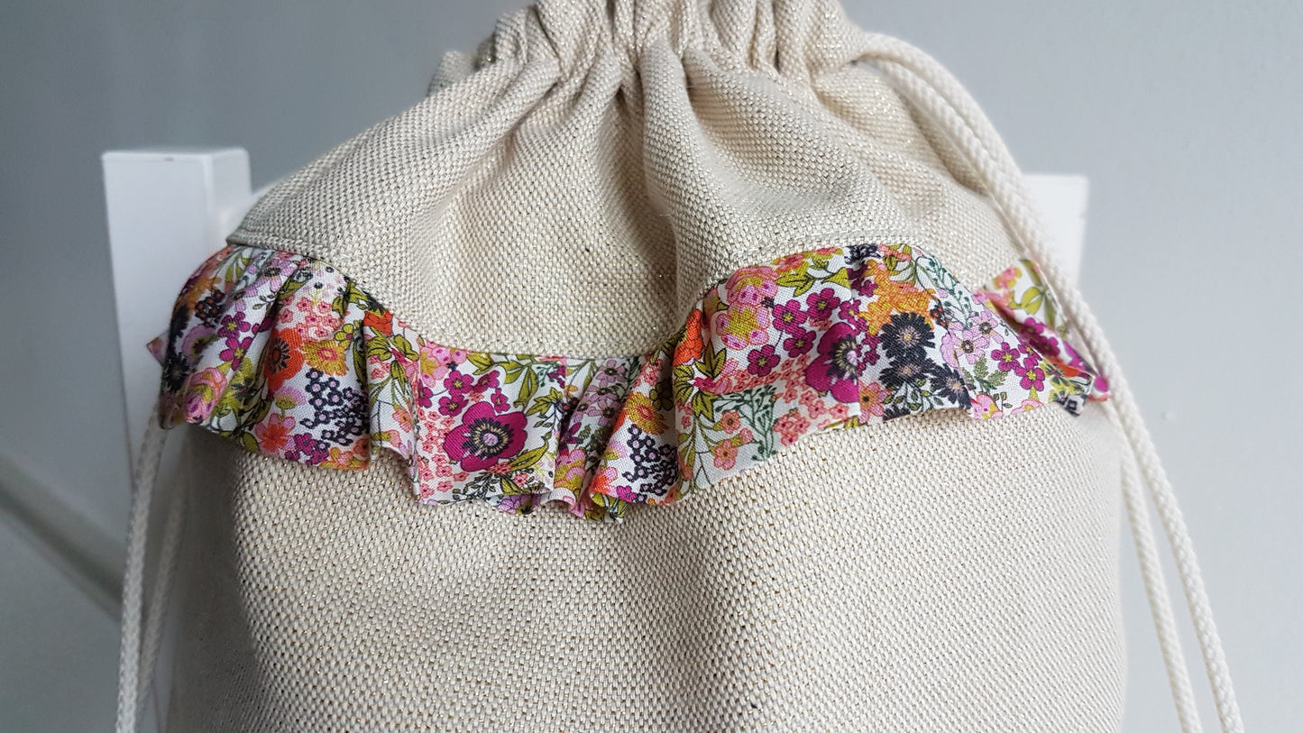 Sac à dos enfant beige scintillant et liberty orange.