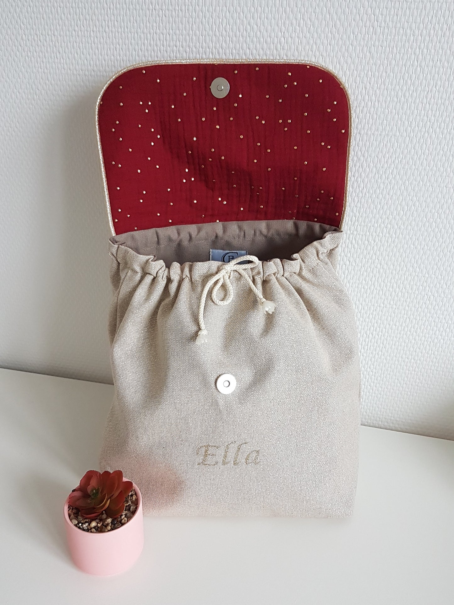 Sac à dos maternelle coton beige scintillant et double gaze de coton