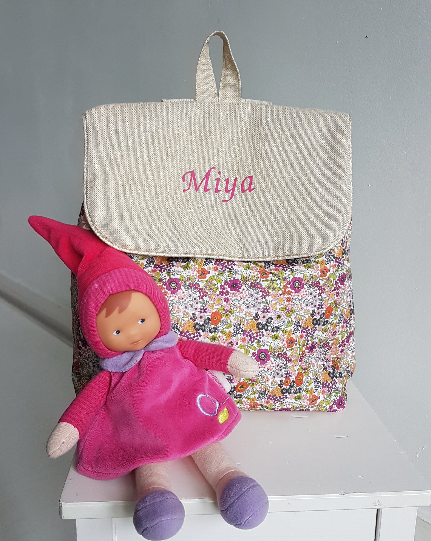 Sac à dos maternelle, coton beige scintillant et liberty orange
