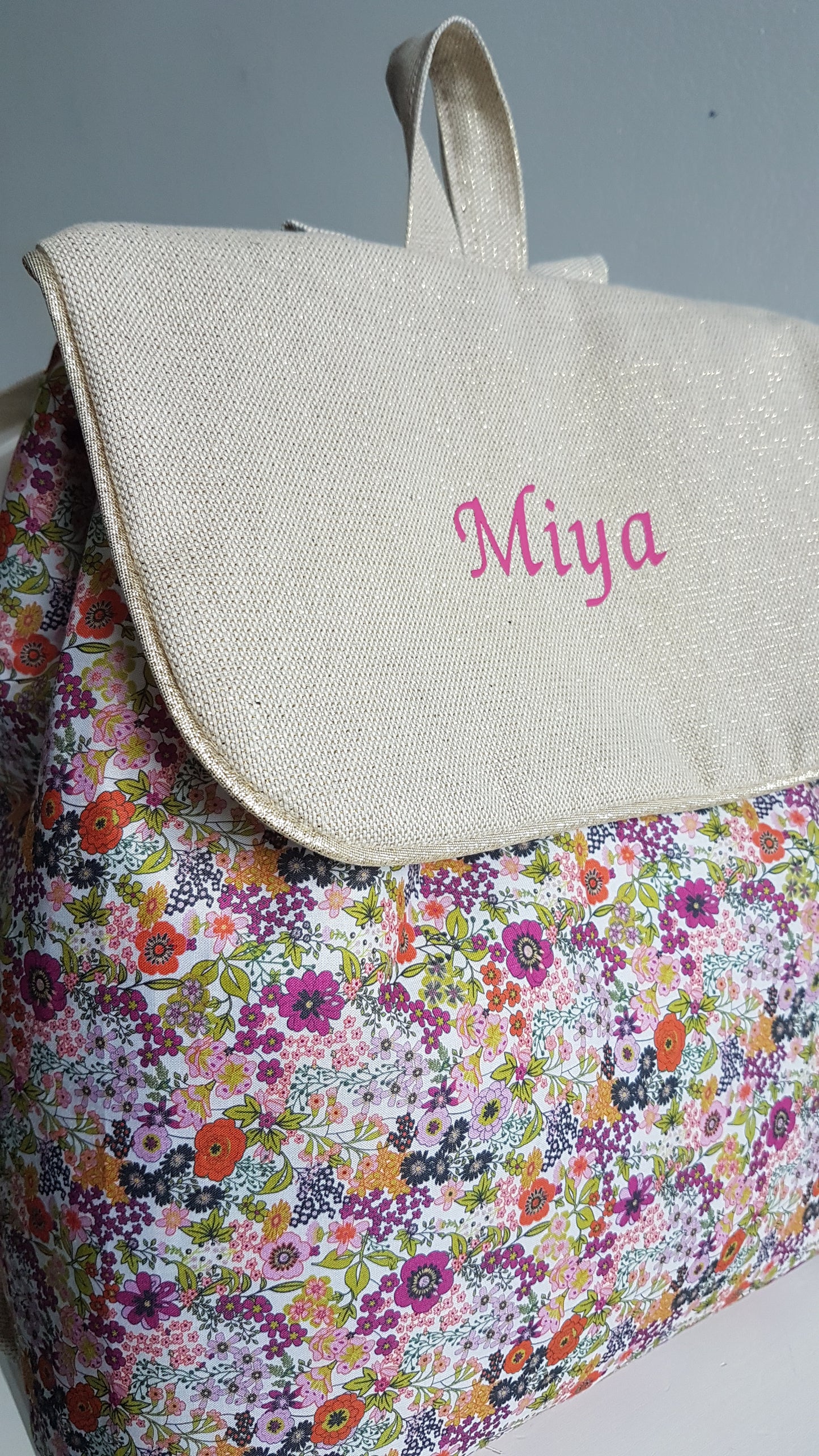 Sac à dos maternelle, coton beige scintillant et liberty orange