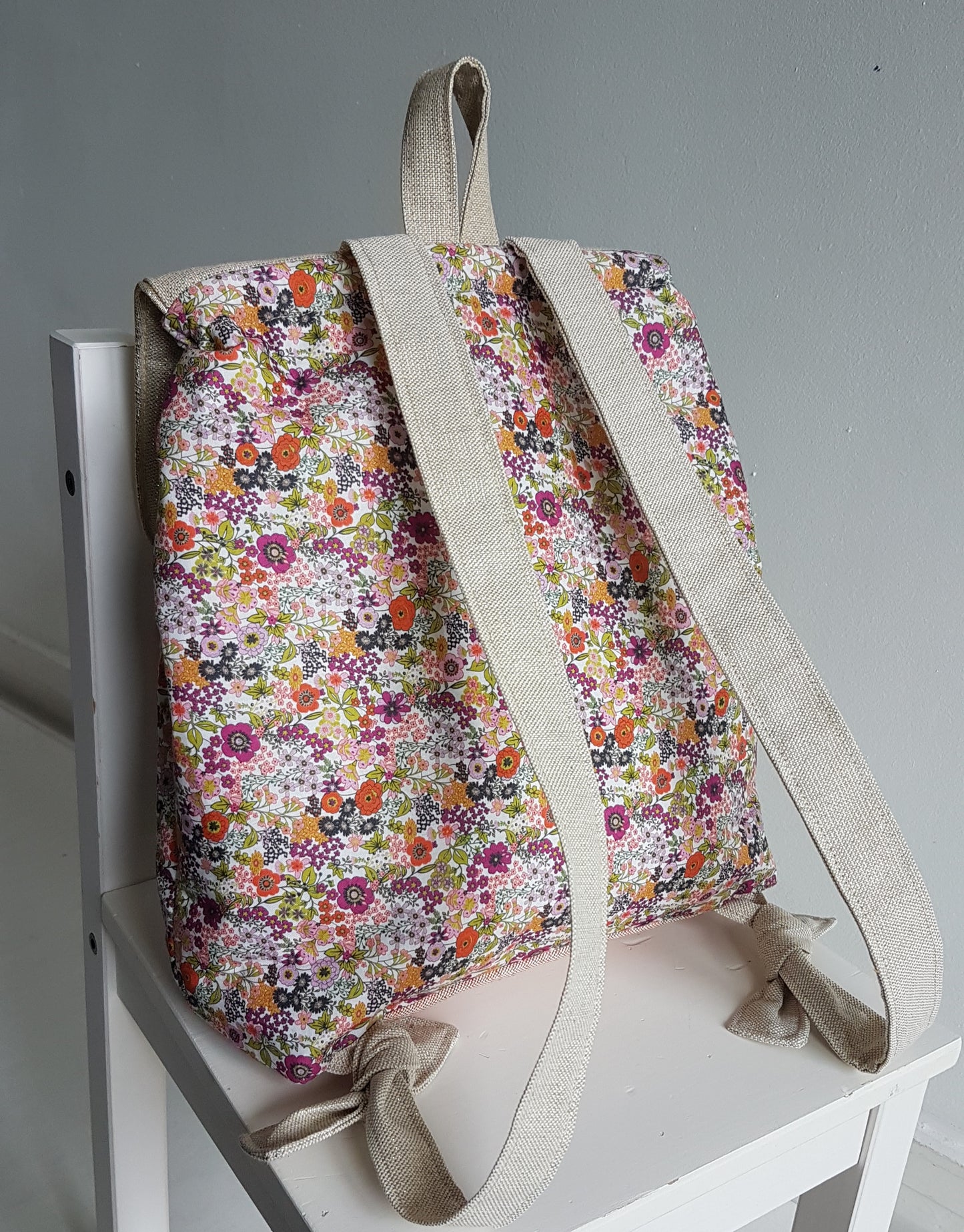 Sac à dos maternelle, coton beige scintillant et liberty orange