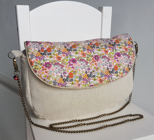 Sac à main bandoulière femme, beige scintillant et liberty orange