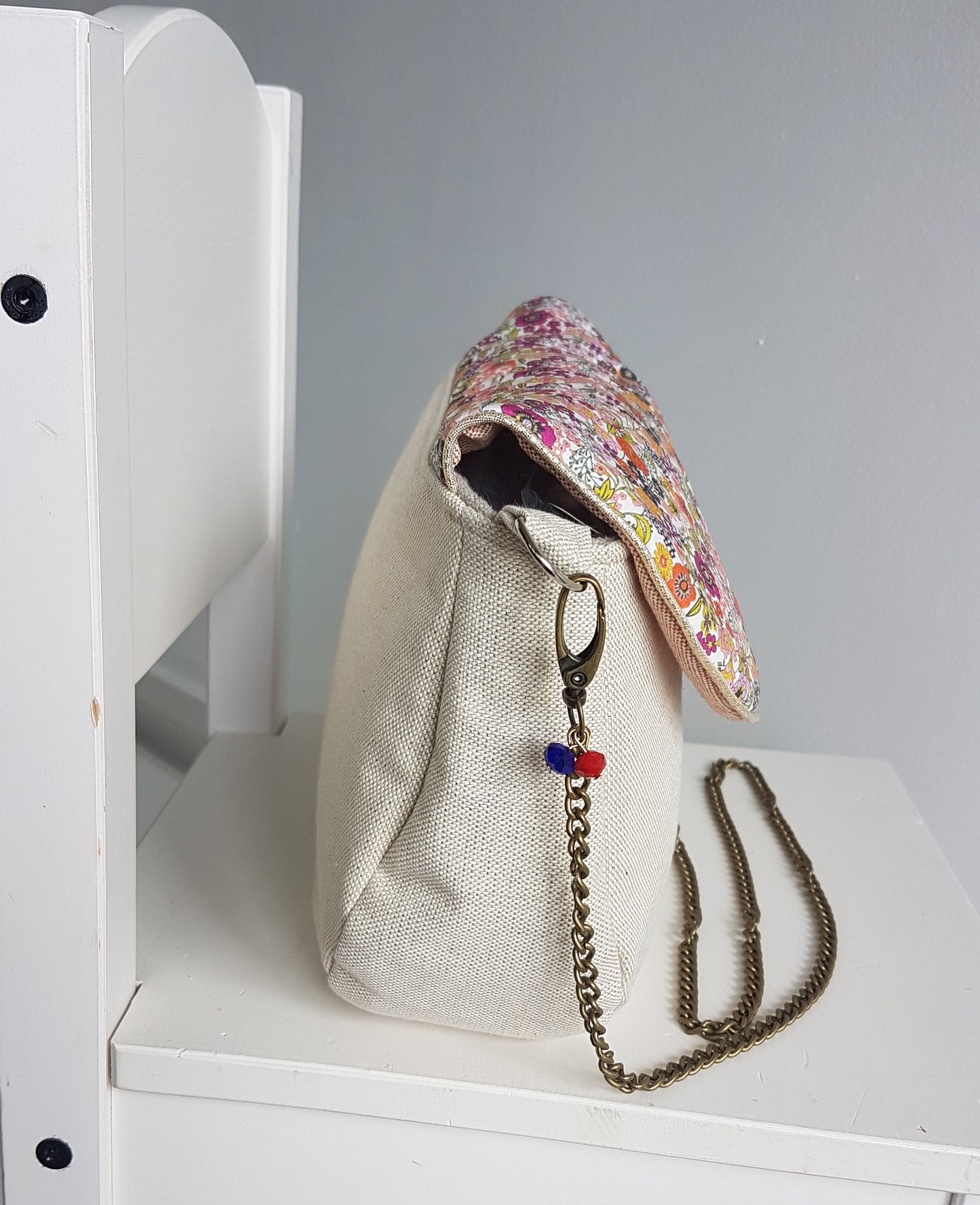 Sac à main bandoulière femme, beige scintillant et liberty orange