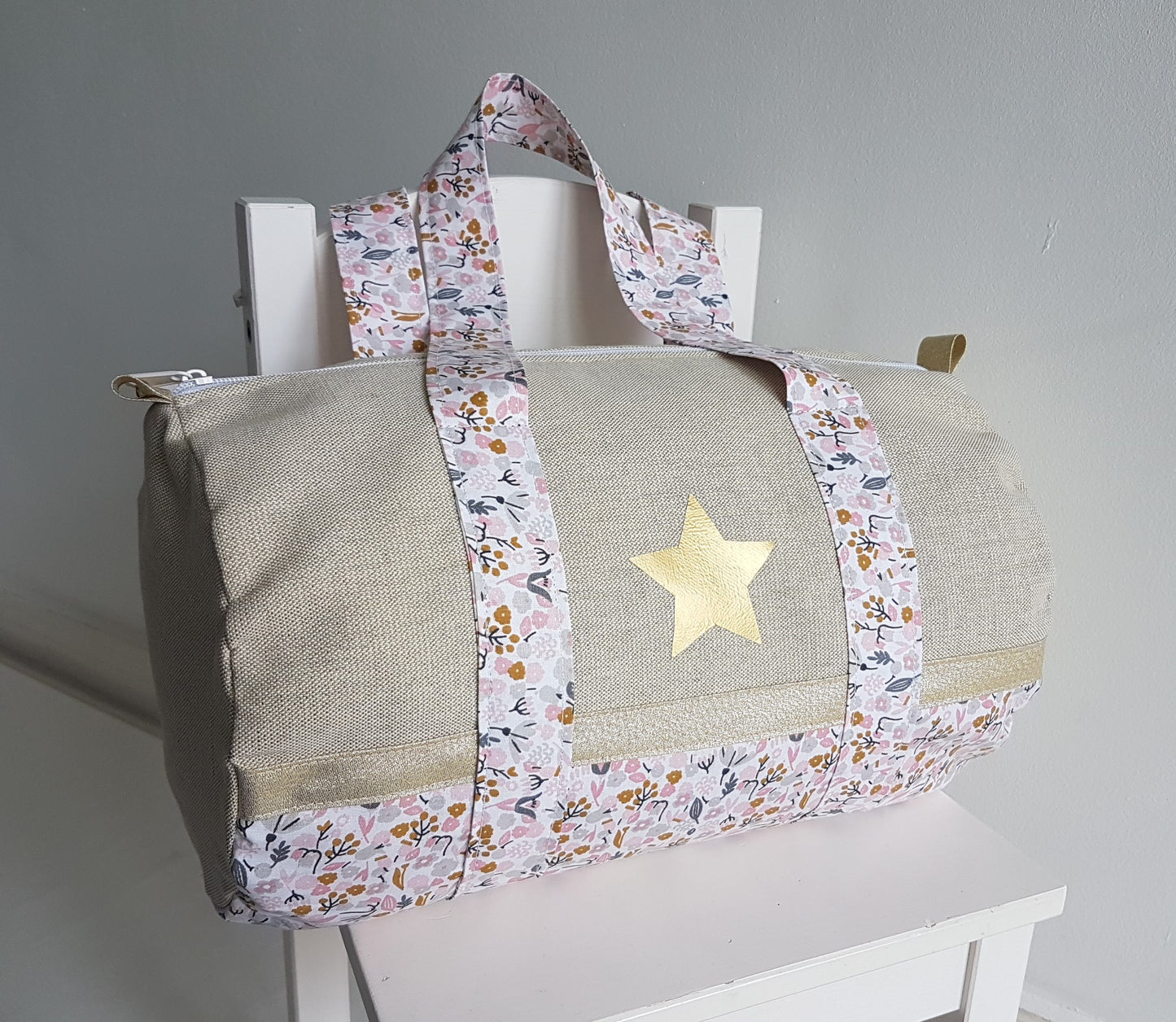 Sac polochon en coton beige scintillant et liberty rose et gris