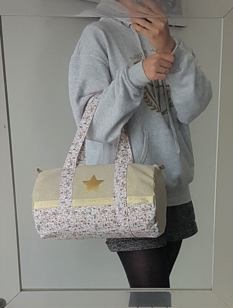 Sac polochon en coton beige scintillant et liberty rose et gris