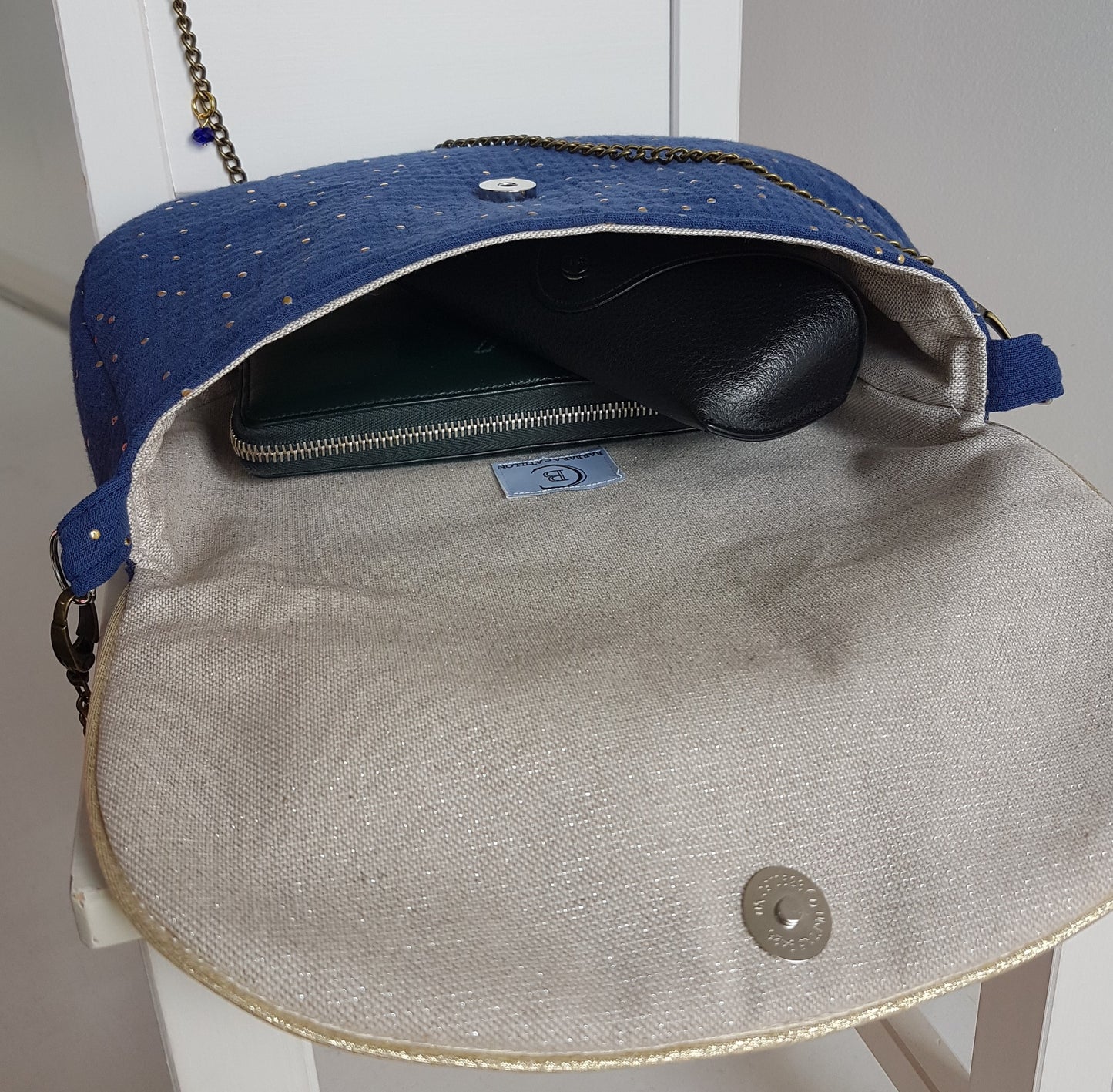 Sac à main bandoulière femme, double gaze de coton à pois dorés