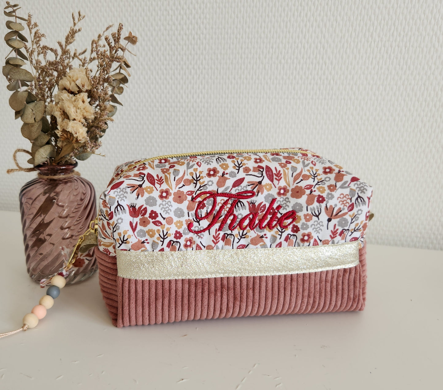Trousse à maquillage velours rose et liberty