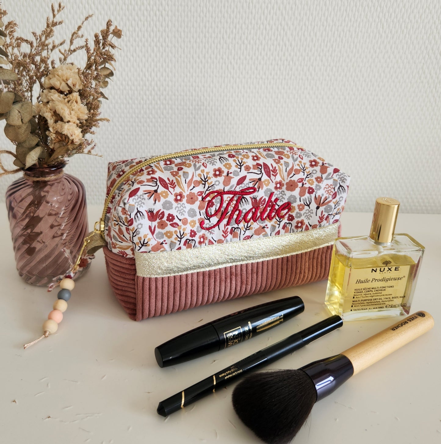 Trousse à maquillage velours rose et liberty