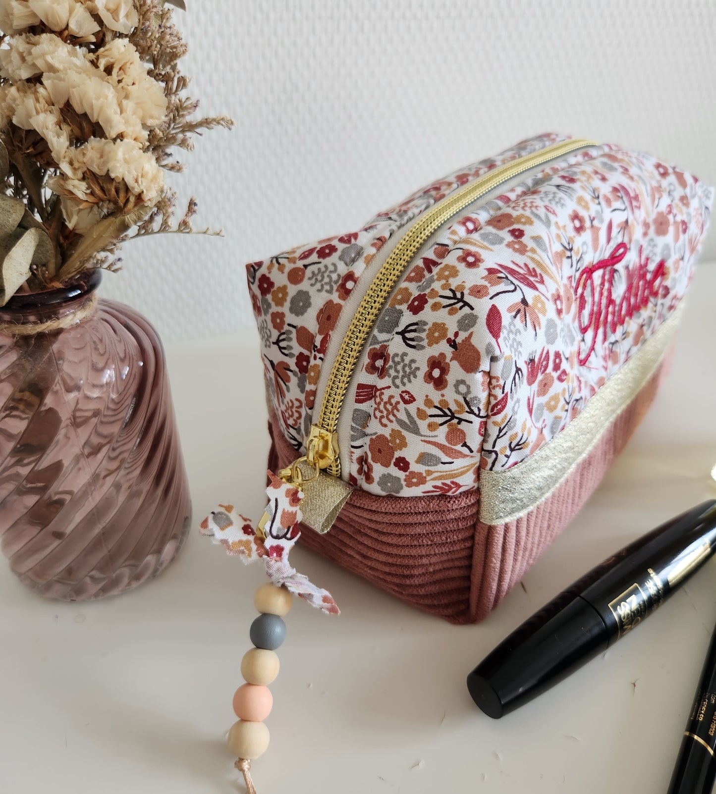 Trousse à maquillage velours rose et liberty