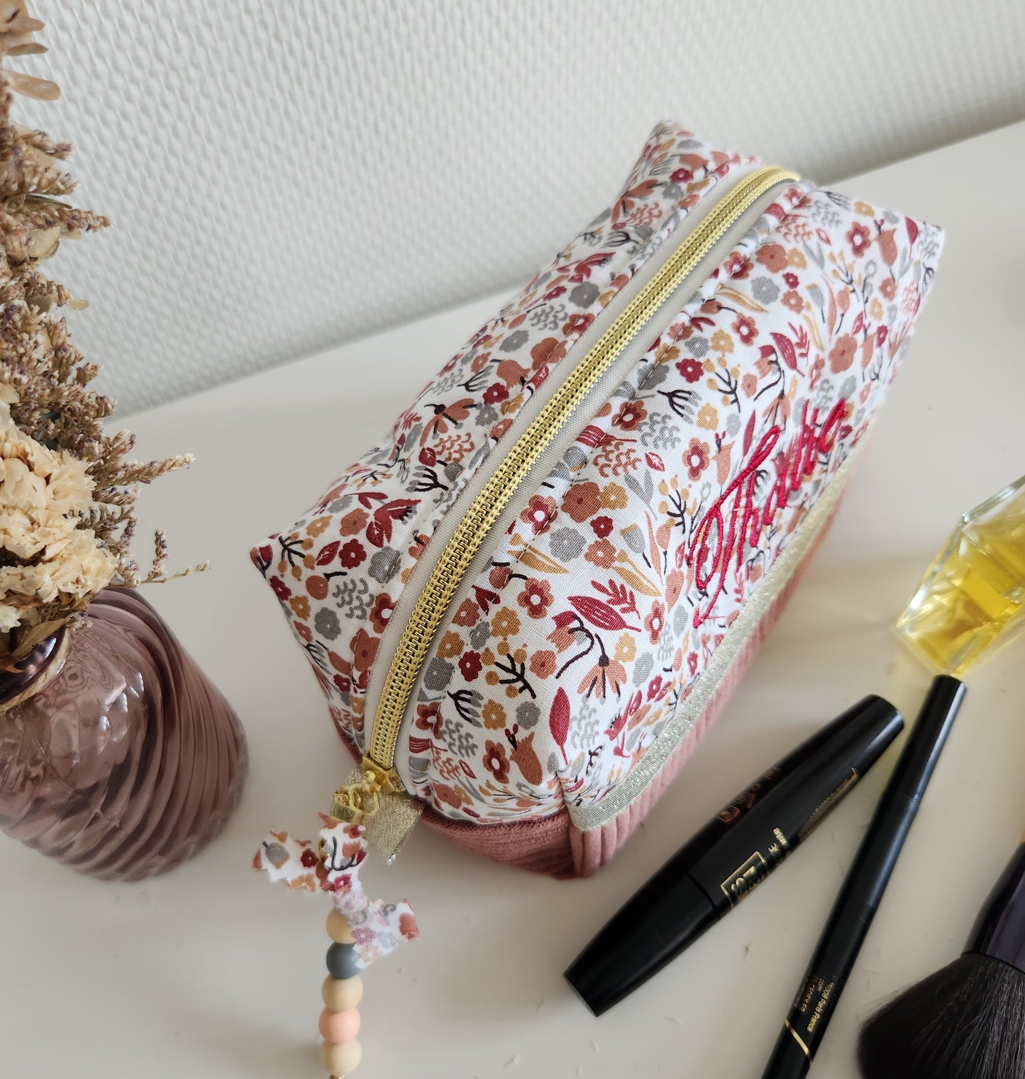 Trousse à maquillage velours rose et liberty