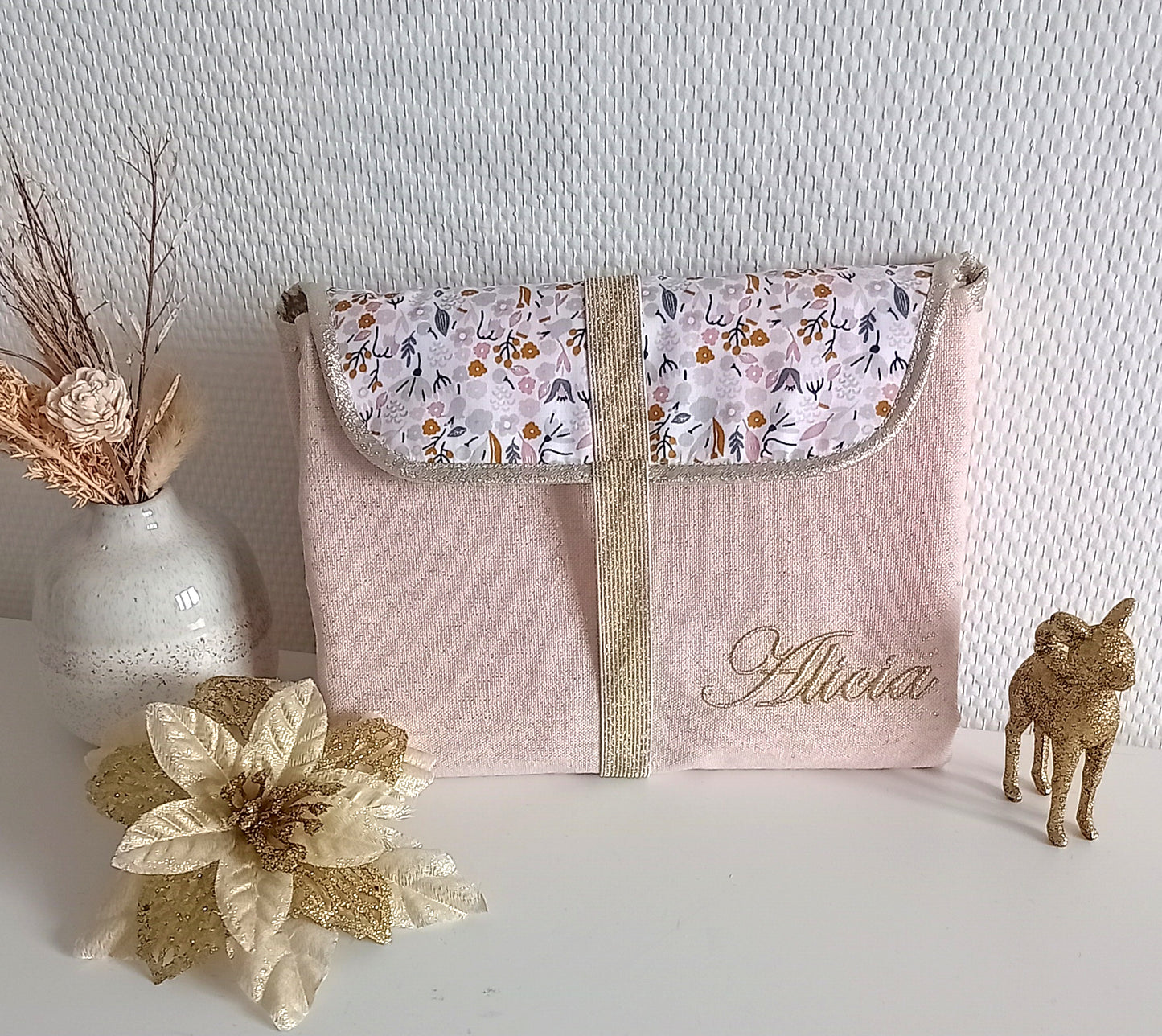 Tapis à langer nomade, rose pâle scintillant et liberty rose