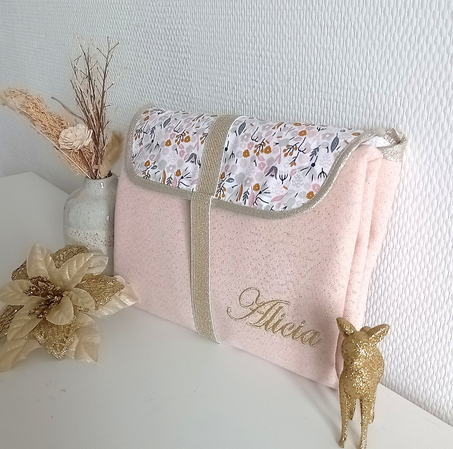 Tapis à langer nomade, rose pâle scintillant et liberty rose