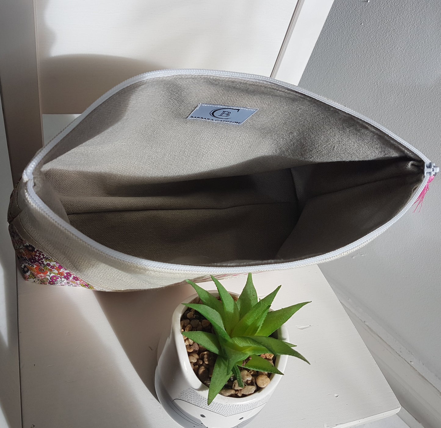 Grande pochette / trousse beige scintillant et liberty orange