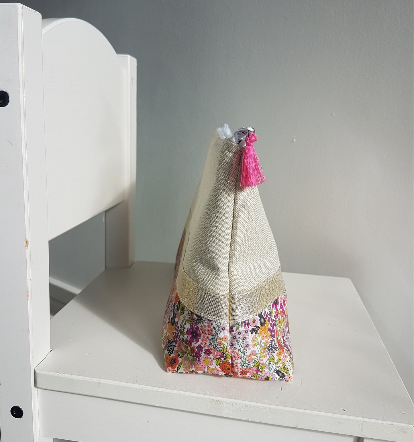Grande pochette / trousse beige scintillant et liberty orange