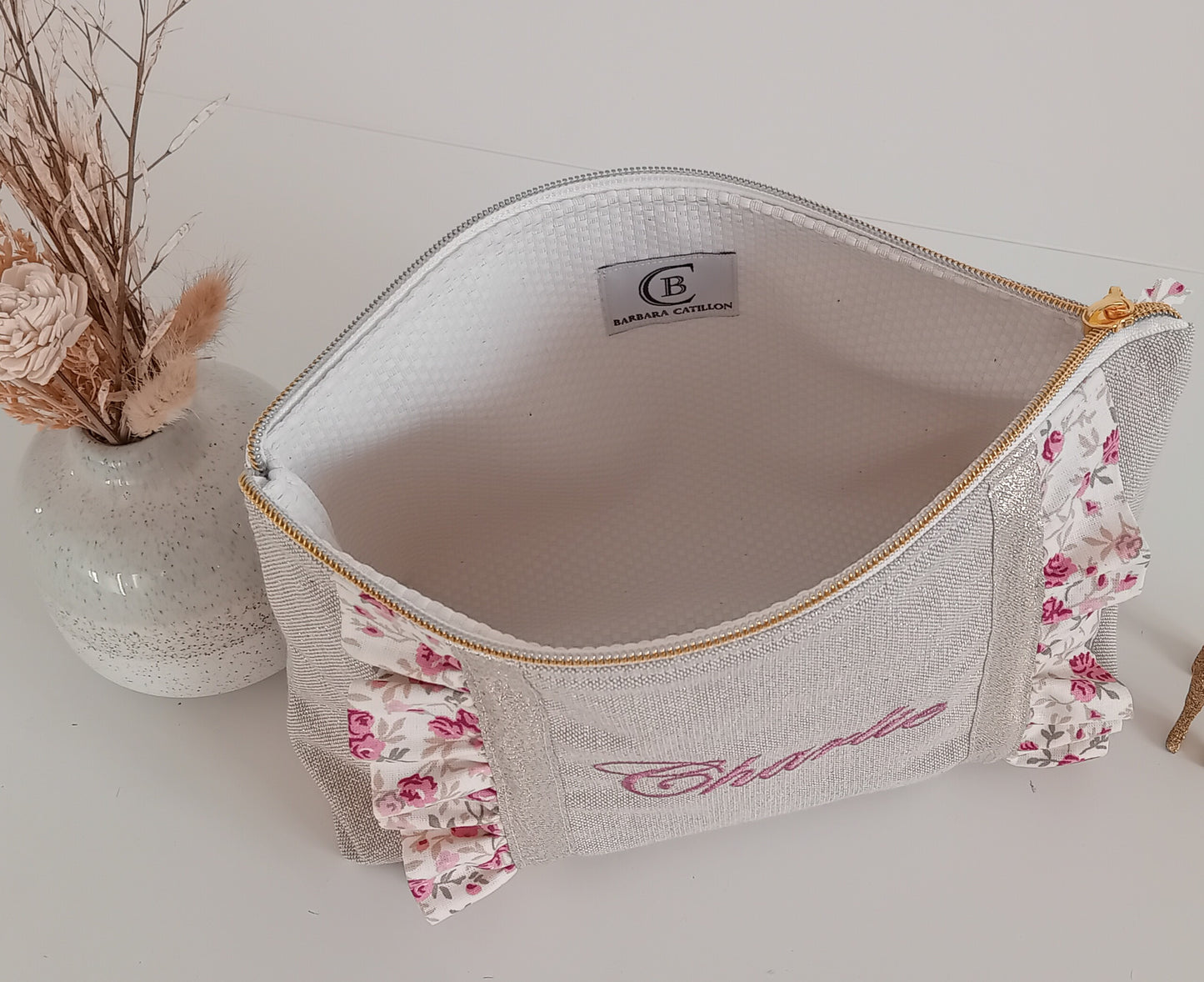 Grande pochette / trousse à volants beige scintillant et liberty vieux rose