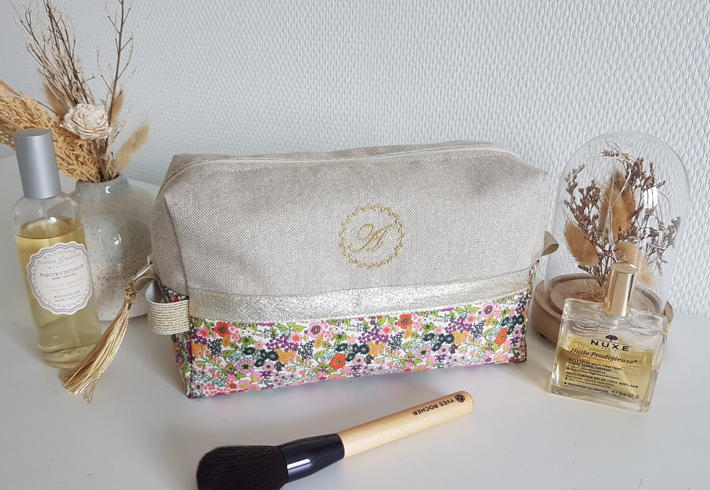 Trousse de toilette beige scintillant et liberty orange