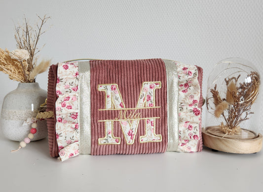 Trousse de toilette en velours côtelé et volants