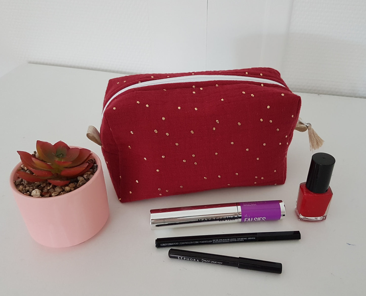 Trousse à maquillage double gaze de coton à pois dorés (broderie prénom)