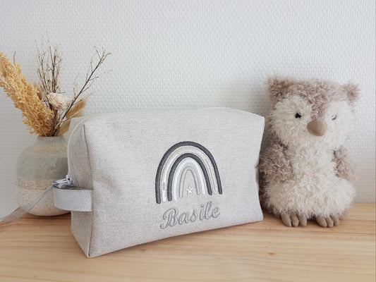 Trousse de toilette gris perle scintillant, broderie argentée