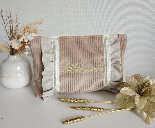 Großes Etui / Federmäppchen mit Glitzer in Beige und beigefarbenem Cord