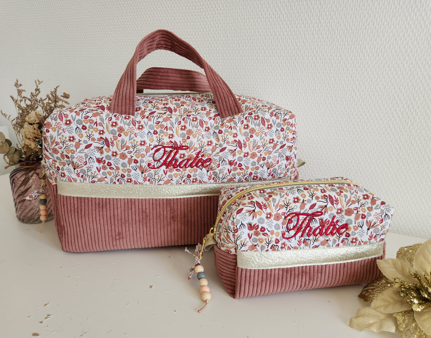 Valisette velours rose et liberty