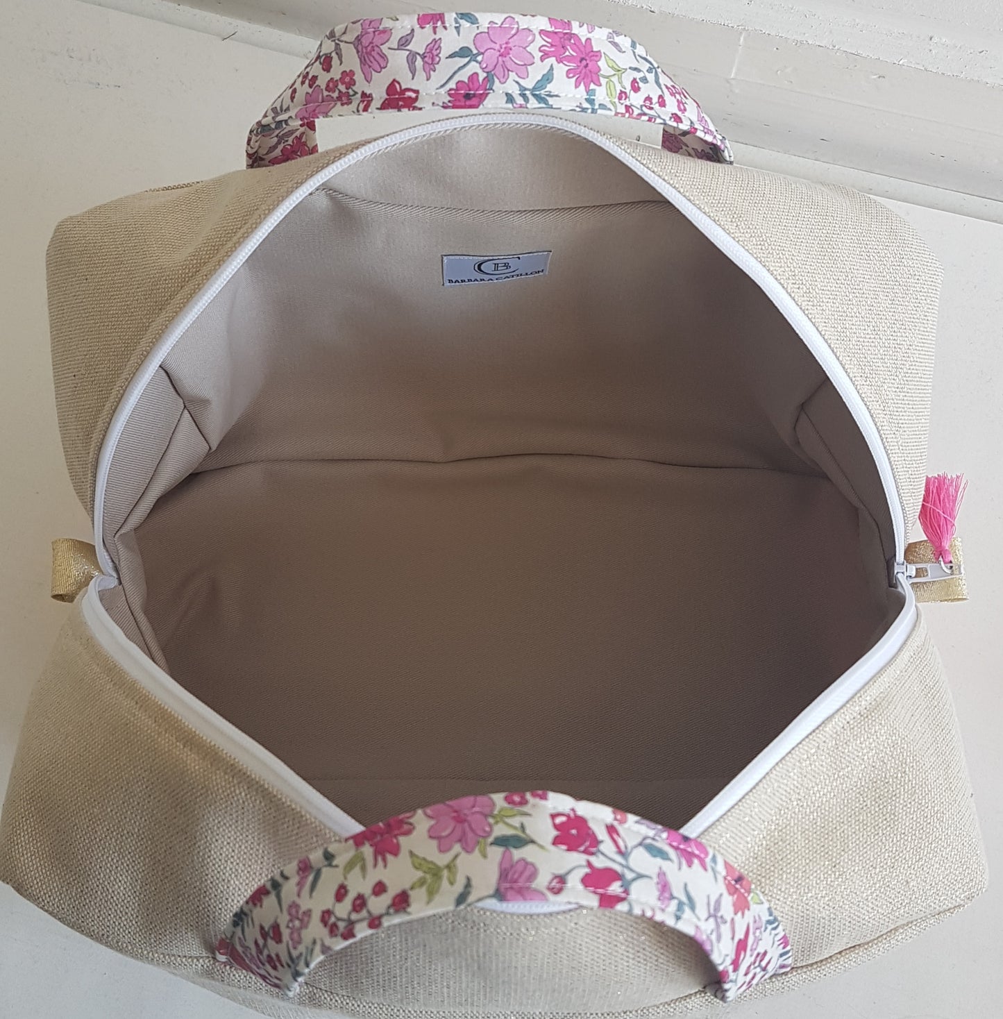 Valisette beige scintillant et liberty rose