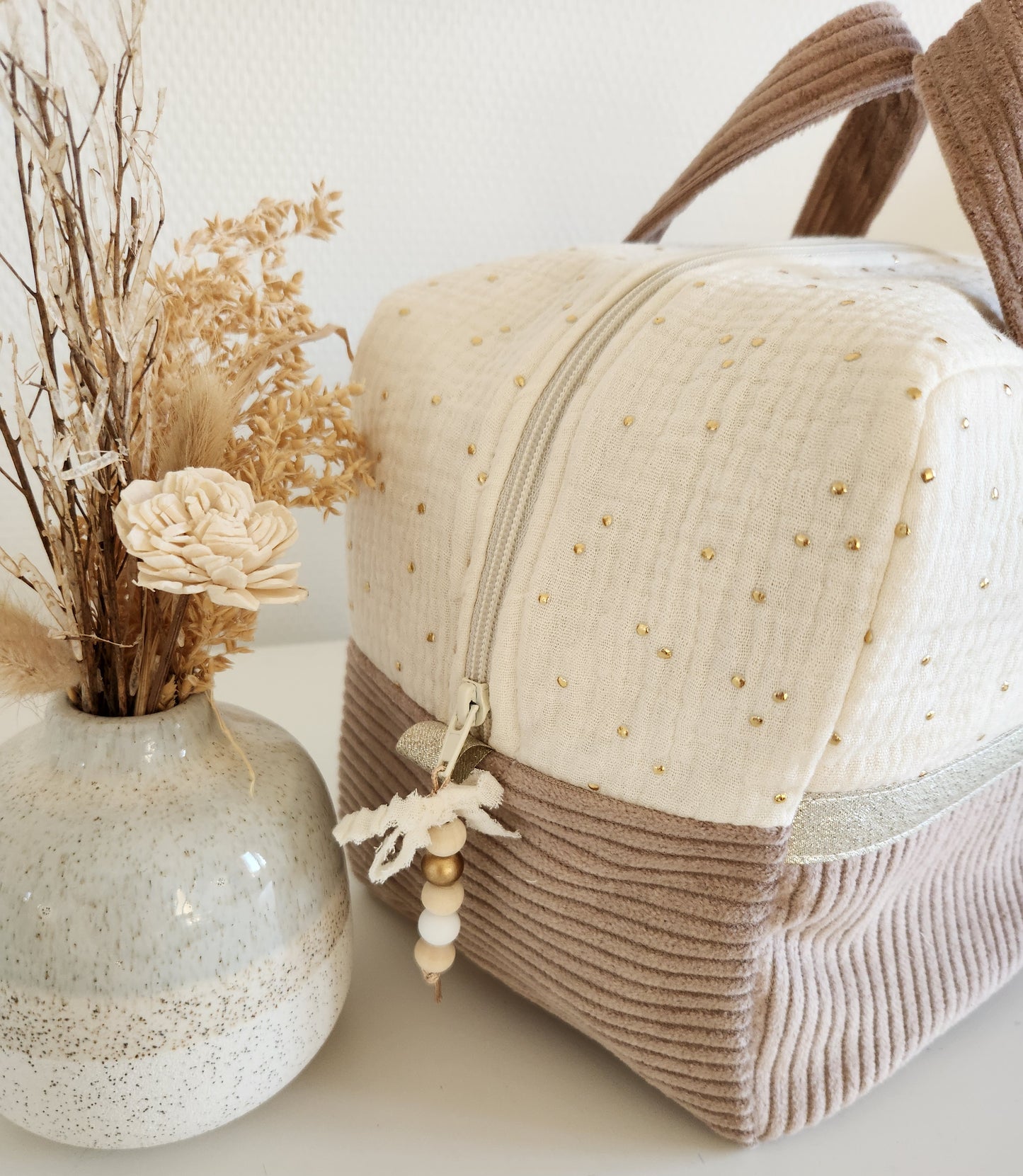 Valisette gaze de coton écrue et velours côtelé beige