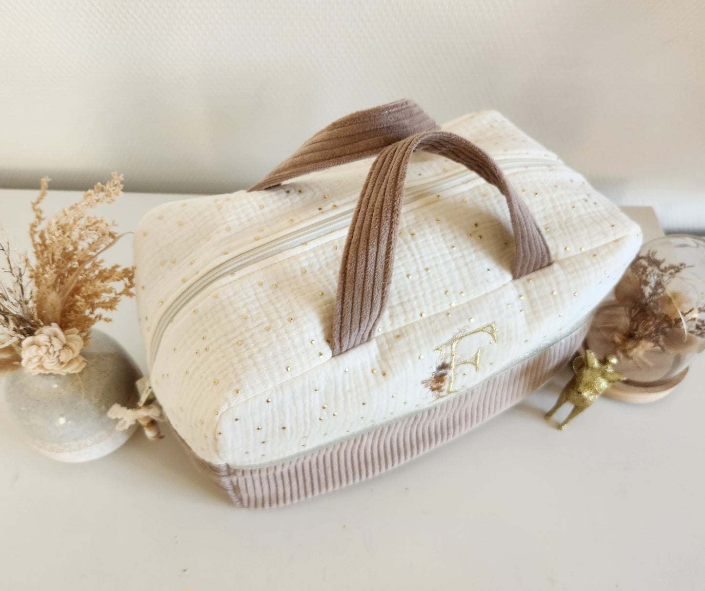 Valisette gaze de coton écrue et velours côtelé beige