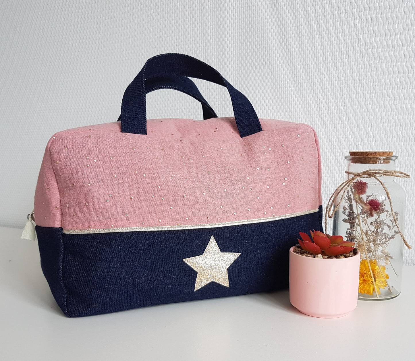 Valisette bicolore gaze de coton et jean denim