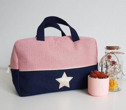 Two-tone suitcase in cotton gauze and denim jeans