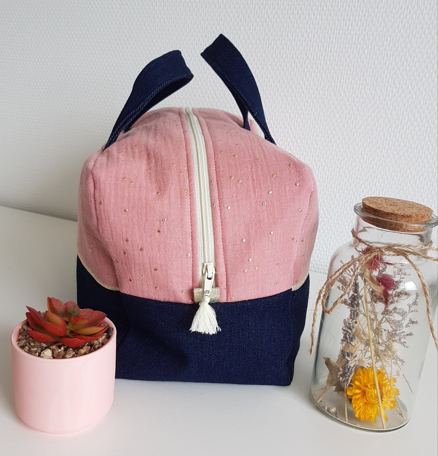 Valisette bicolore gaze de coton et jean denim