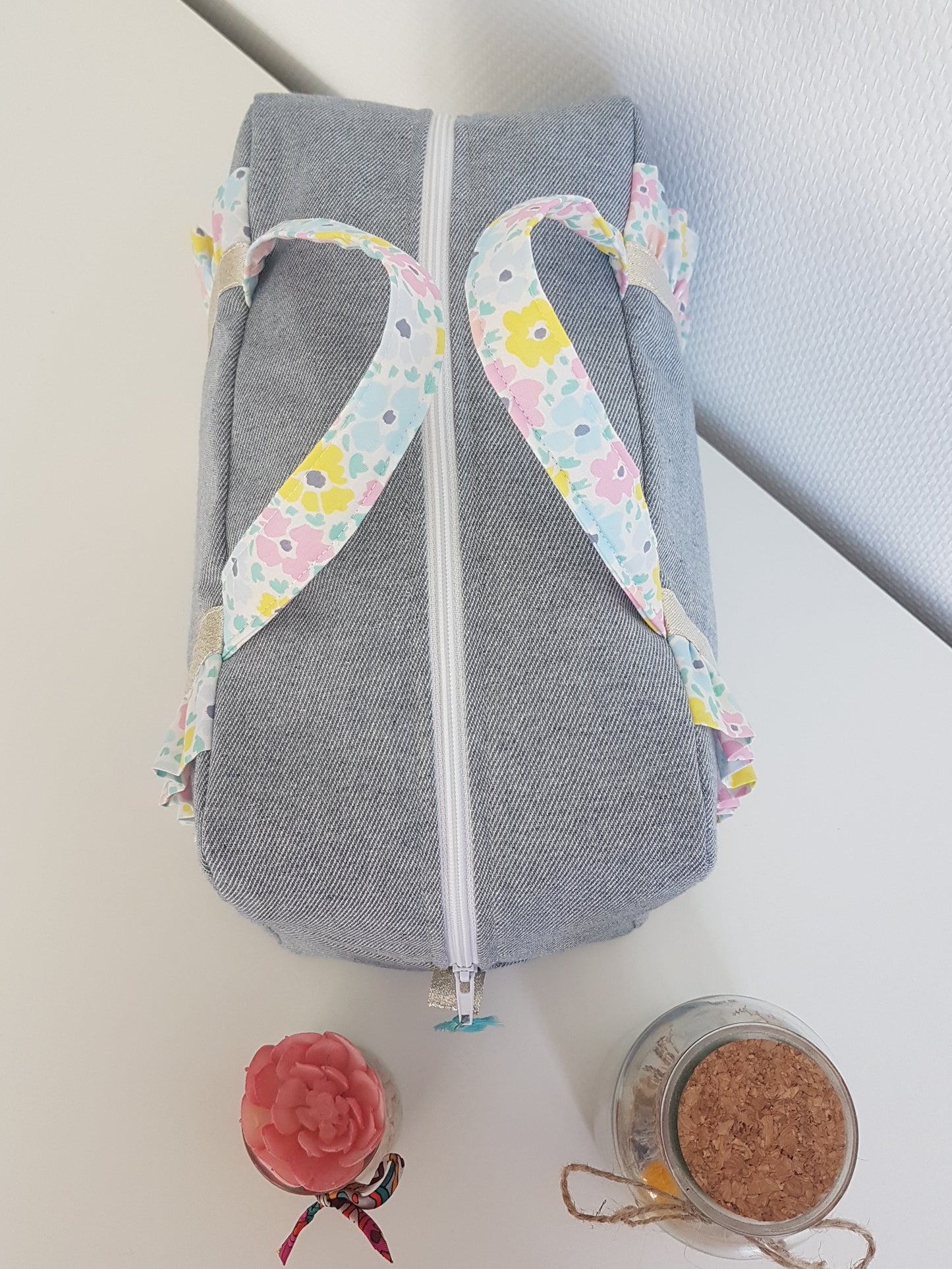 EN STOCK Valisette jean et volants liberty pastels