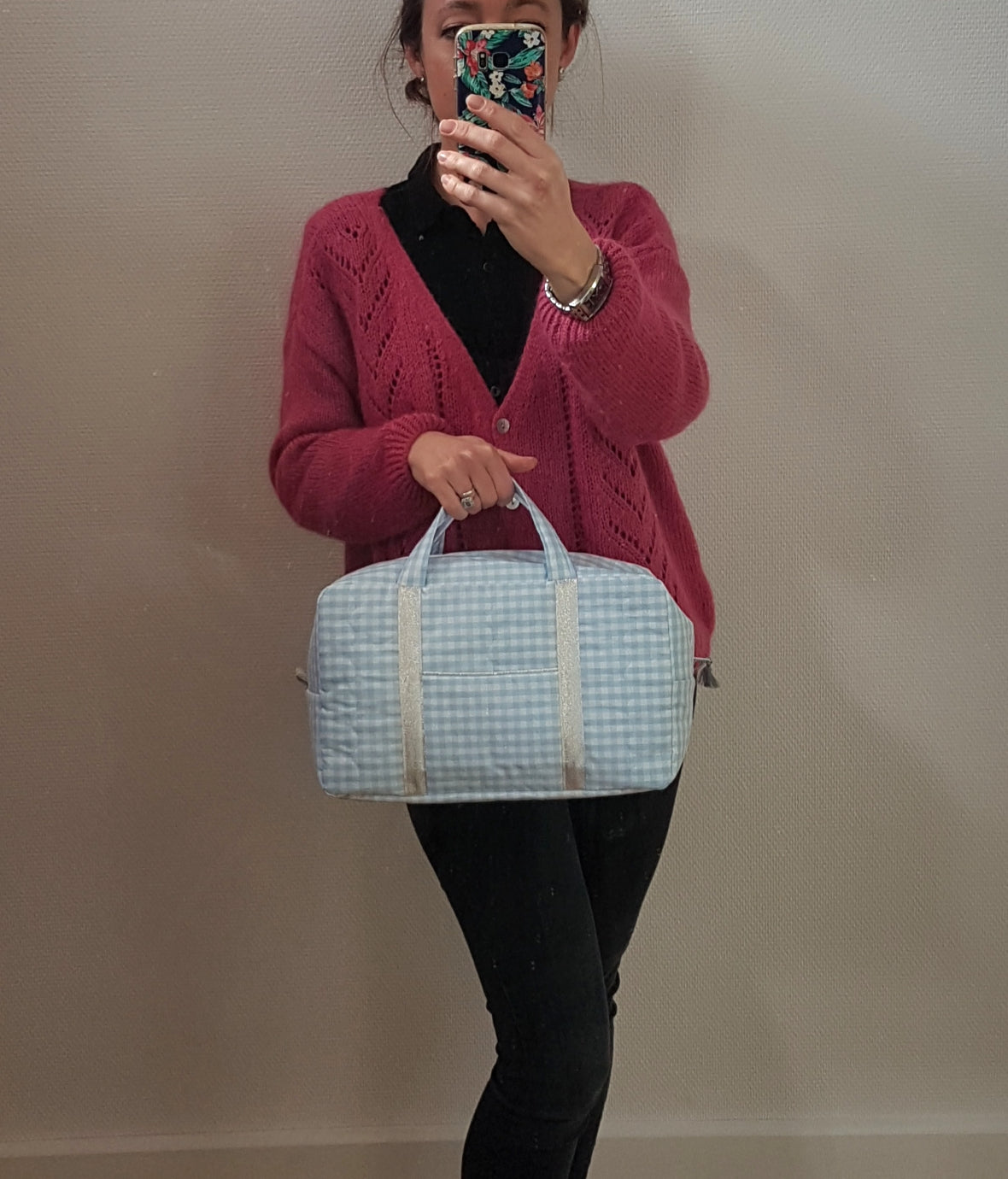 Valisette coton vichy bleu pâle