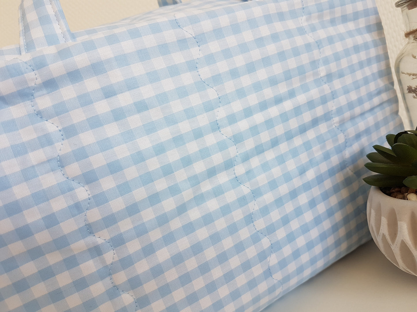 Valisette coton vichy bleu pâle