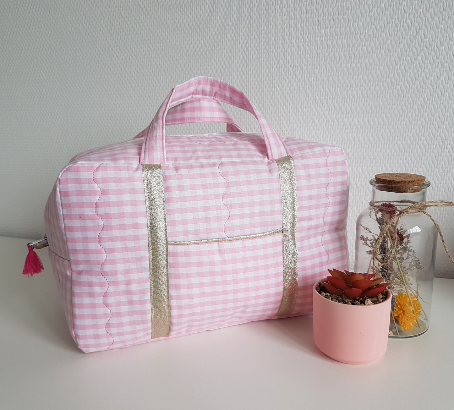 Valisette coton vichy rose pâle