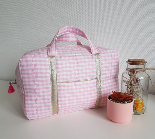 Pale pink gingham cotton suitcase