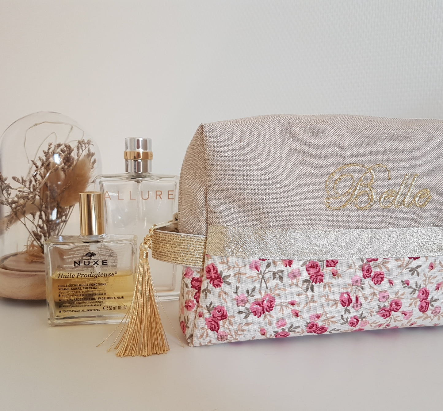 Trousse de toilette beige scintillant et liberty vieux rose