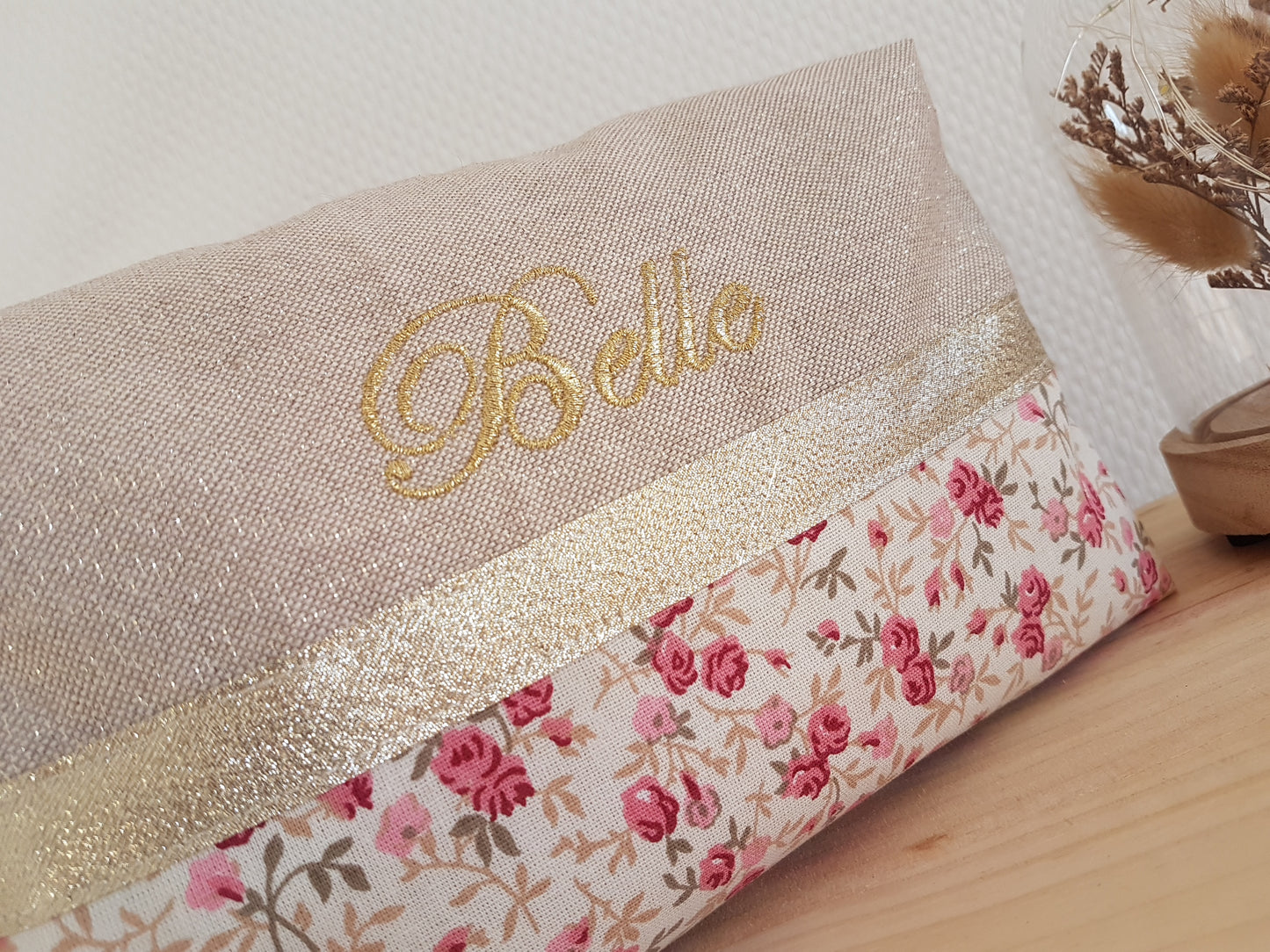 Trousse de toilette beige scintillant et liberty vieux rose