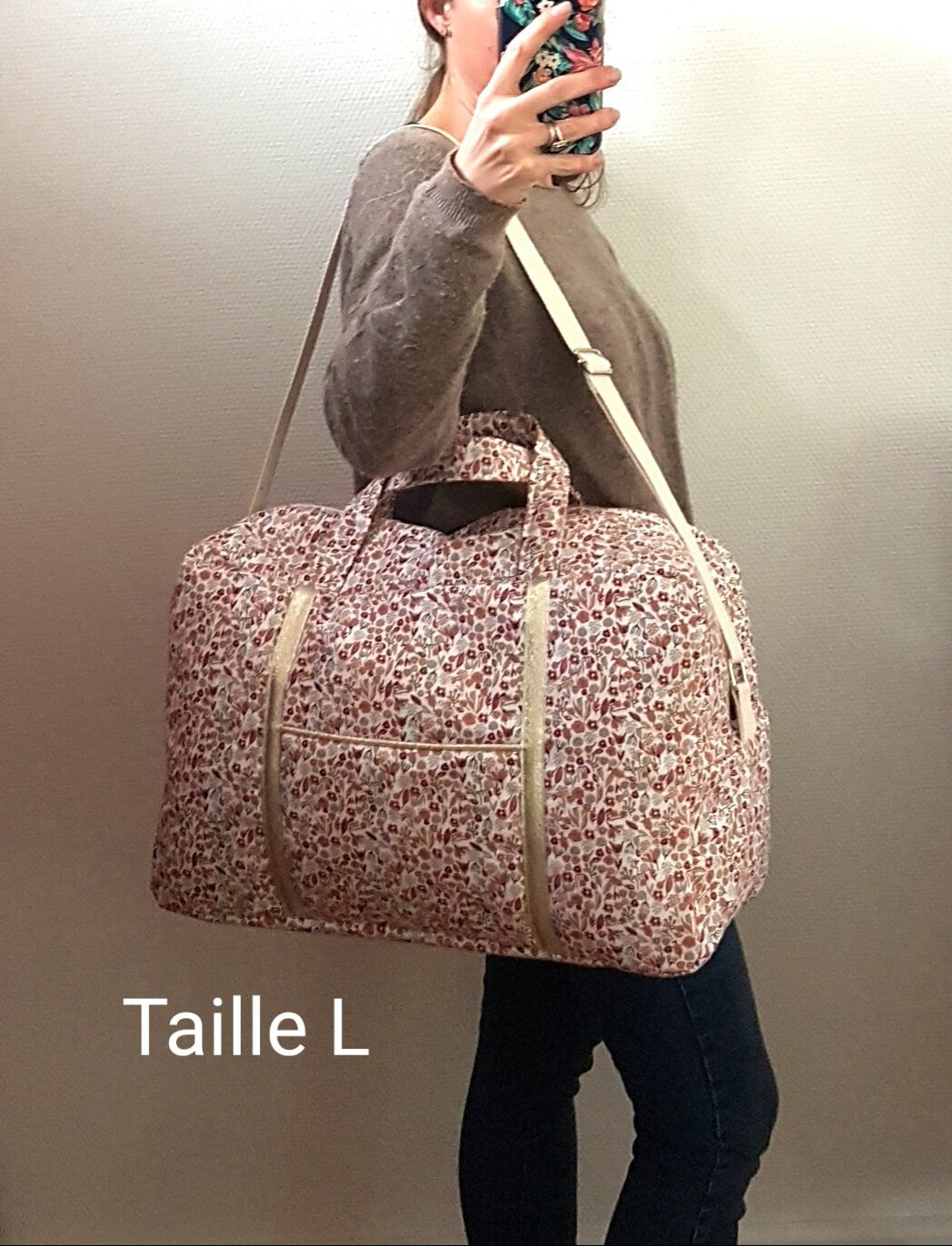 Sac à langer ou de voyage, coton fleuri molletonné jaune moutarde