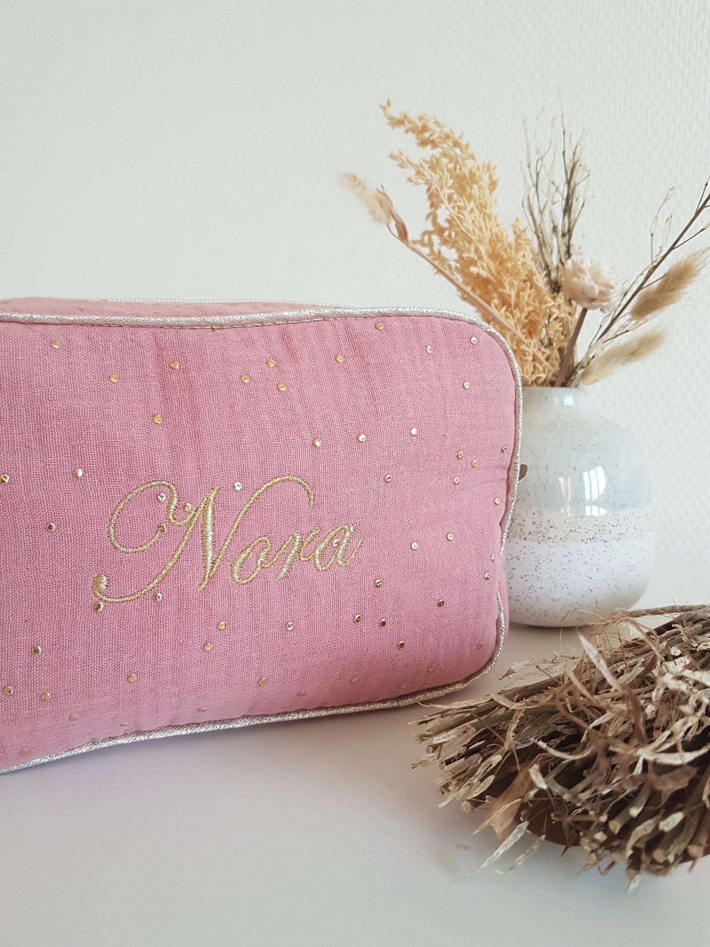Trousse de voyage passepoilée en double gaze de coton