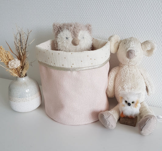 Großer Aufbewahrungskorb/Korb aus schimmernder rosa Baumwolle und ecrufarbener Baumwollgaze.