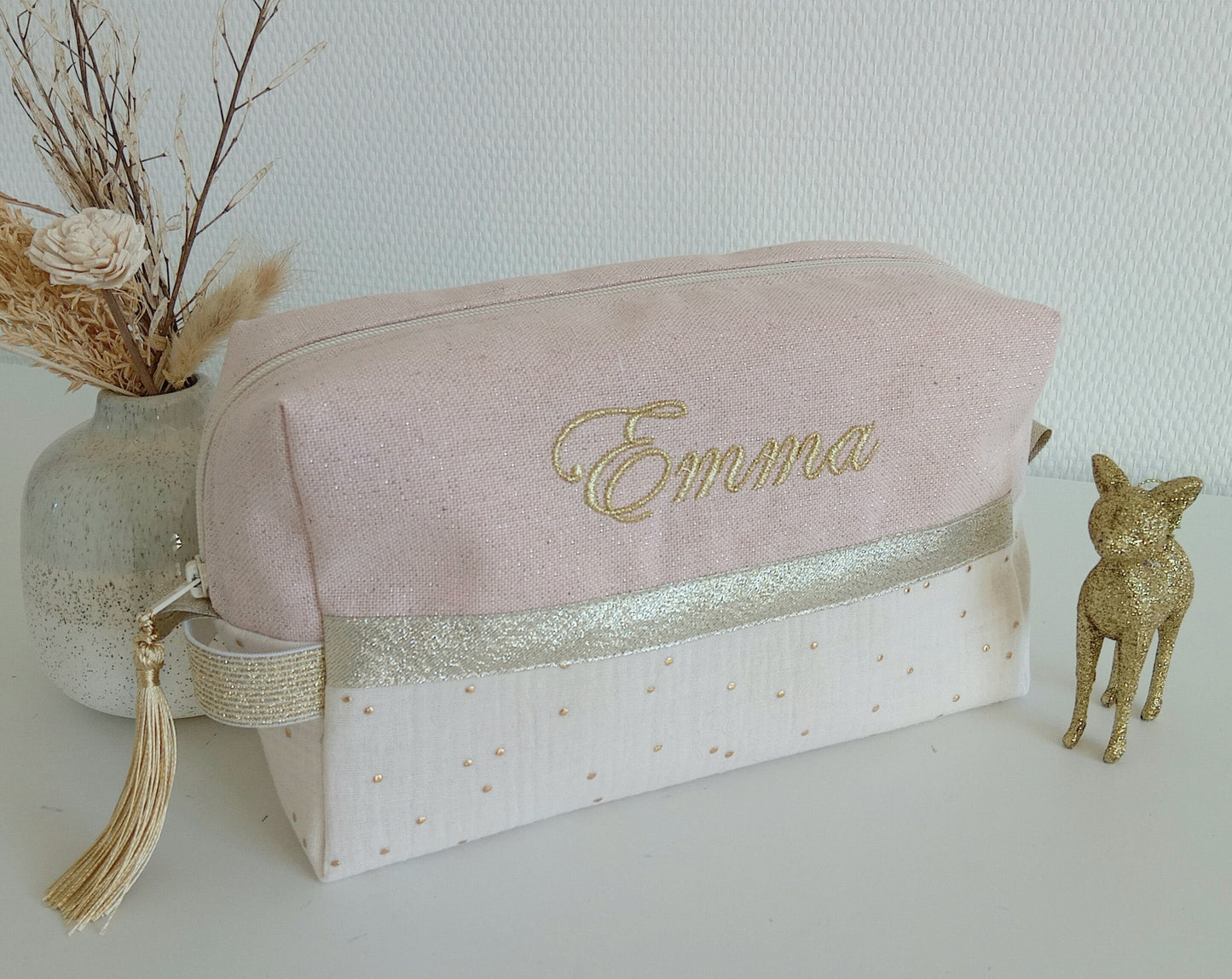Trousse de toilette rose scintillant et gaze de coton écrue