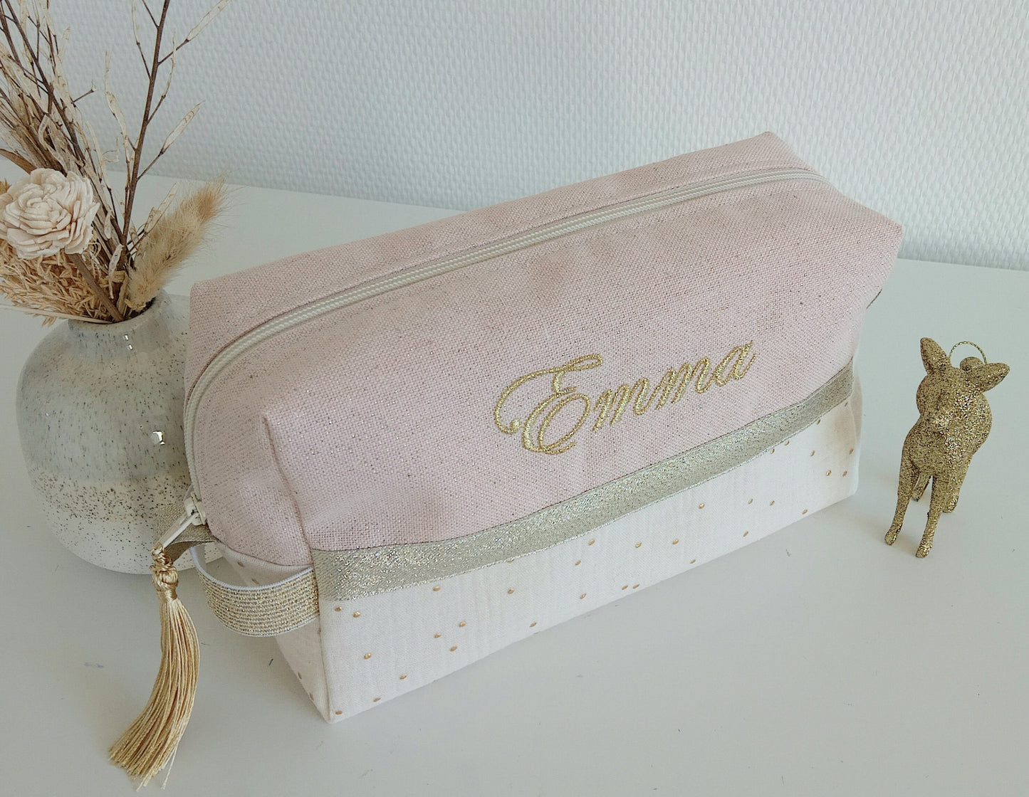 Trousse de toilette rose scintillant et gaze de coton écrue