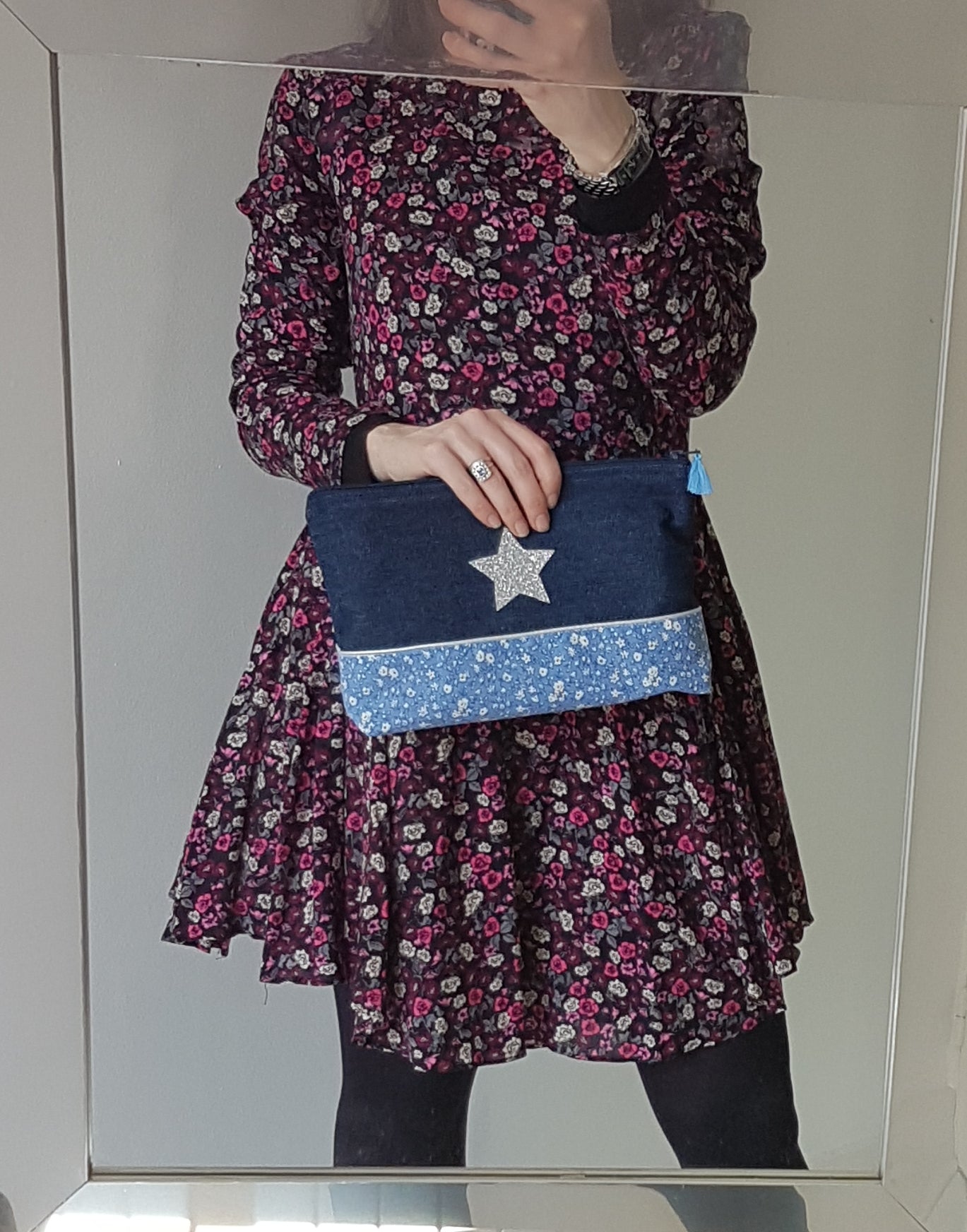 Grande pochette / trousse liberty et jean bleu foncé