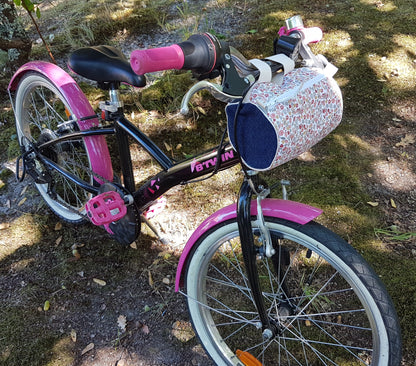 Sacoche à vélo ou trottinette, fleurs gris/bordeaux et jean
