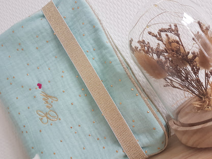 Hair clip and hair accessory pouch, double cotton gauze with gold polka dots