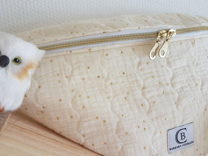 Sac banane, double gaze de coton matelassée à pois dorés