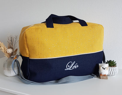 Sac à langer ou de voyage bicolore, double gaze de coton et jean bleu foncé