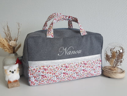Valisette bicolore grise et liberty bordeaux